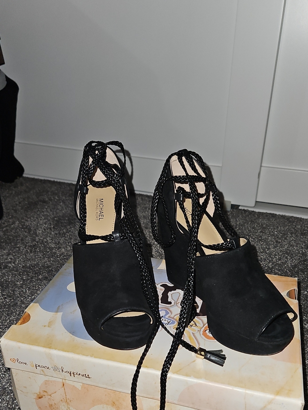 MICHAEL Michael Kors Black Suede Lace-Up Peep Toe Block Heels
